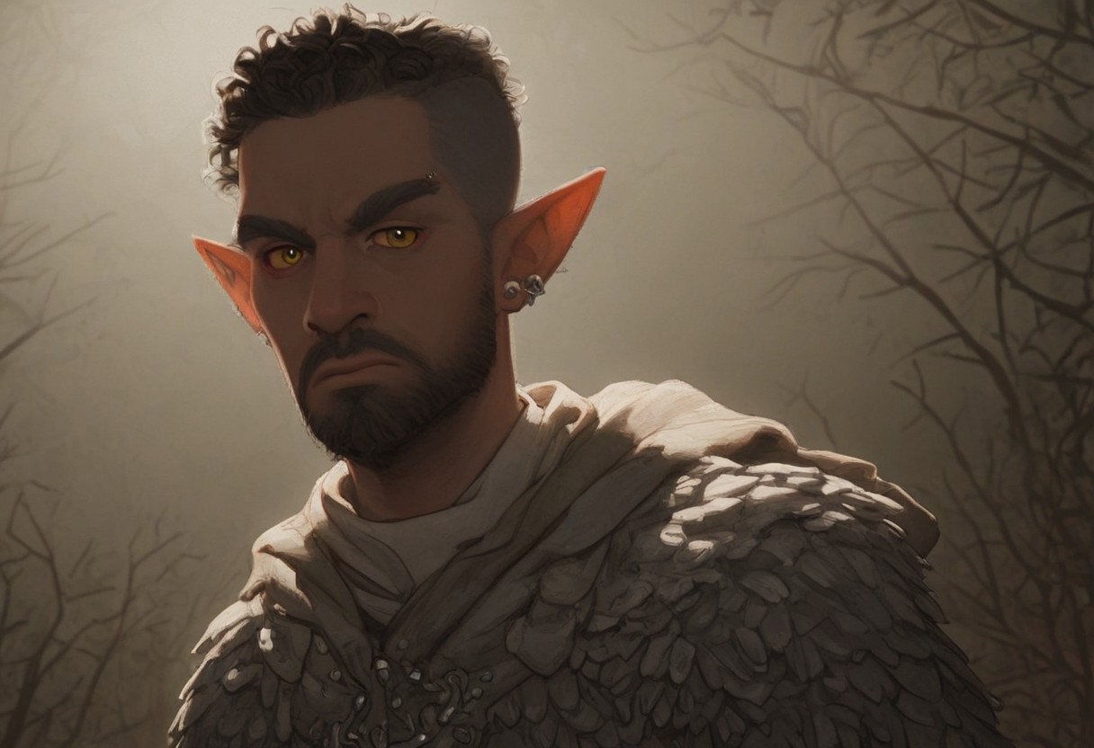 solo, short pointy ears, piercings, random elf face, aquiline features, male dark elf, masculine, facial hair, brow rings, beaded piercings, weathered skin, chiseled features, large nose, insect chitin armor, insect chitin helmet, insect chitin ornaments, stylized insect pattern, athletic build,  animated realism, zoomed out, Syrian features, torso, yurts, elegant berber tapestries, dead trees, ashy soil, grey green foliage, distant grey hills, sunrise, gloomy lighting, grey fabric awnings, dark wood posts, light dust clouds, grey-blue skin, mahogany and ivory clothes, medium armor, bone plate armor, ivory straps and fittings, alien bone ornaments, grey wood neckguard, red sclera, black pupils, blue-green light, neon, highly detailed, defined features, looking at viewer, three quarters view, from below, dynamic lighting, 29 years old, light and shadows, patterned cloth, annoyed expression, expressive eyes, detailed medieval clothes, short hair, wavy hair, thick hair, beaded hair, braided hair, under cut hair, semirealistic, alien elf, spanish features, jewish features, white grey hair, dark red hair, umber skin, sharp features, pastel green inuit print cloak, nighttime, high detail, absurdres, pretty eyes, detailed eyes, yellow eyes,