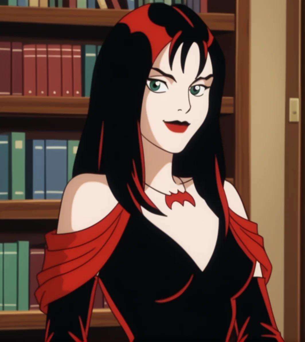 score_9,score_8_up, score_7_up,
hexthorn, 1girl, solo, long black hair with red highlights, green eyes, 
black and red dress with red draped sleeves, red bat necklace, lipstick, 
indoors, bookshelf in background, 
retro_artstyle, cartoon, source_cartoon, lowres, 1990s_style,
<lora:Thorn_The_Hex_Girls:.9>