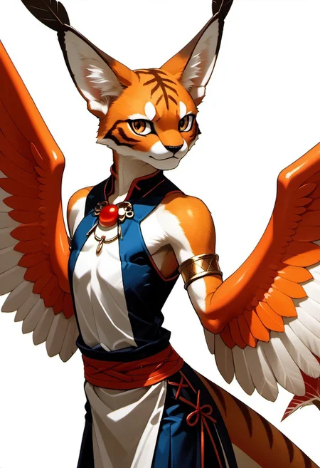 MVC2style
1person, Palagiri, anthro, feline features, feline nose, ((wings)), ((armless)), large perfect wings,
3/4 view, perfect wings, ((feathers-tipped tail, fanned tail-tip, tapering-tip tail)), simple background, white background, upper body,
Source: anime, score: 9, score: 8up,