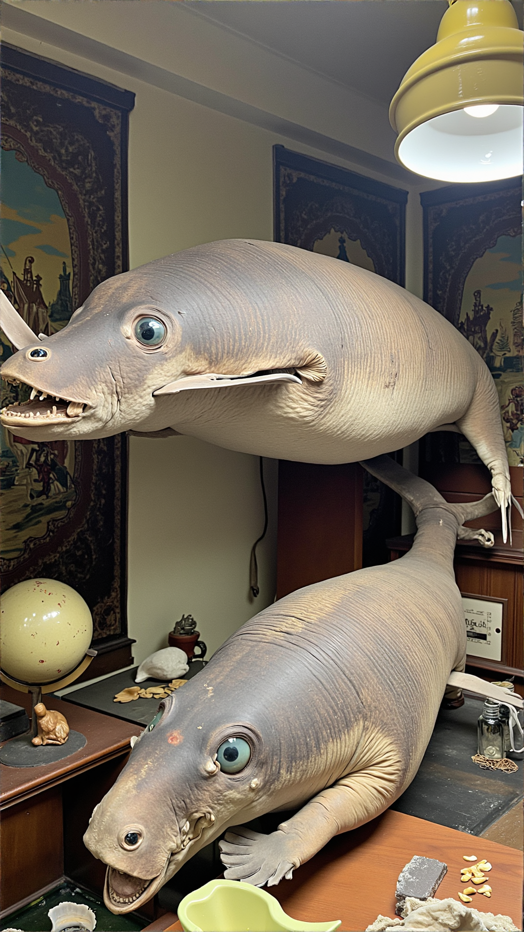 A photo of a badtxdrmy, bad taxidermy, A poorly mounted dugong is perched on a dusty shelf, its glassy eyes staring off into awkward angles. Its grayish-brown skin appears to be stretched too tightly, with visible stitches running along the seams. The dugong's flippers are positioned in an unnatural pose, with one flipper folded back in an unusual way, as if it was broken during the mounting process.
The dugong is situated on a shelf in a cramped, old antique shop. The walls are adorned with faded nautical tapestries, and the air is thick with the scent of old books and dust. A vintage navigational globe sits on a nearby shelf, with a few scattered seashells and a yellowed glass jar filled with murky liquid. A single, flickering overhead light casts eerie shadows on the walls, highlighting the dugong's misshapen features.<lora:BadTaxidermiFlux:1>