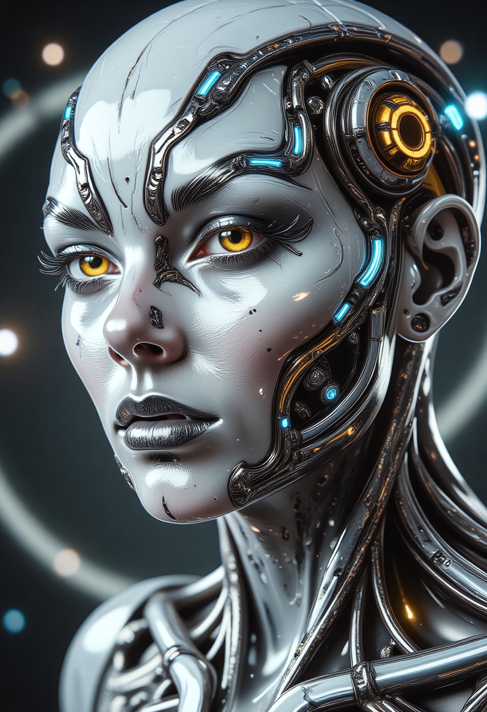 imagine extreme close-up, cybernetic mythpunk woman, with liquid marble white skin with gray veins, detailed yellowish-orange mechanical eyes, subtle neon implants. Partially concealed expression, hinting at ancient secrets. Single abstract light source, rim lighting through mist, soft ethereal glow. Wearing a carbon fiber mechanical exosuit with intricate glowing runes. Casting a spell, opening a portal within an alien cave – a futuristic mad scientist's lab. Profound mystery, quiet intensity.