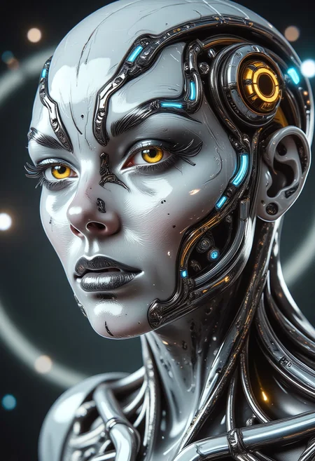 imagine extreme close-up, cybernetic mythpunk woman, with liquid marble white skin with gray veins, detailed yellowish-orange mechanical eyes, subtle neon implants. Partially concealed expression, hinting at ancient secrets. Single abstract light source, rim lighting through mist, soft ethereal glow. Wearing a carbon fiber mechanical exosuit with intricate glowing runes. Casting a spell, opening a portal within an alien cave – a futuristic mad scientist's lab. Profound mystery, quiet intensity.
