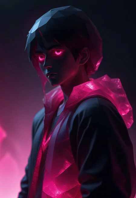 rp_slgd, black-haired anime boy wearing a magenta hooded jacket, revealing only the right side of his face while the left side of his body is covered by a shadow