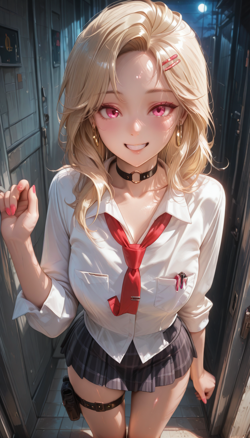 <lora:LCMTurboMix_Euler_A_fix:1> <lora:example_SDXL:0.3>, EZRealPONYXL, <lora:Dramatic Lighting Slider:3><lora:realistic filter [IL]:1>
DSLR,realistic,cosplay photo, (very awa,masterpiece,best quality,year 2024,newest,absurdres,highres:1), realistic,skin texture,facial features, photography shot with Canon EOS 5D Mark IV , realistic, RAW, best quality, masterpiece, amazing quality, skin details,
1girl, highly detailed beautiful face, large natural breasts,
detailed background, shiny skin, dutch angle, night, moonlight,
beautiful detailed eyes, intricate details, absurdres, anime screencap,
 <lora:Ein_NIKKE_ILXL_kill0825:1>
NikkeEin, 1girl, solo, long hair, breasts, looking at viewer, blush, smile, shirt, large breasts, skirt, blonde hair, long sleeves, hair ornament, jewelry, standing, school uniform, collarbone, white shirt, weapon, thighs, earrings, pleated skirt, teeth, necktie, collared shirt, choker, indoors, hairclip, hand up, black skirt, pink eyes, miniskirt, nail polish, grin, collar, parted bangs, fingernails, gun, plaid, feet out of frame, thigh strap, black choker, dress shirt, from above, plaid skirt, red necktie, red nails, grey skirt, pink nails, forehead, o-ring, sleeves rolled up, handgun, pocket, hoop earrings, tiles, door, pen, breast pocket, holster, gyaru, thigh holster, open collar, loose necktie, doorway, o-ring choker, untucked shirt, red eyes, purple eyes, socks