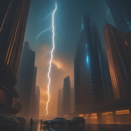 symphtia-style, masterpiece, best quality, absurdres, vibrant, highly detailed, very aesthetic, volumetric lightning, from below, cityscape, futuristic european architecture, dim-lit skyscrapers, bustling street perspective, (futuristic theme:1.2), night, polluted atmosphere, sunset, dark clouds cover, thunder