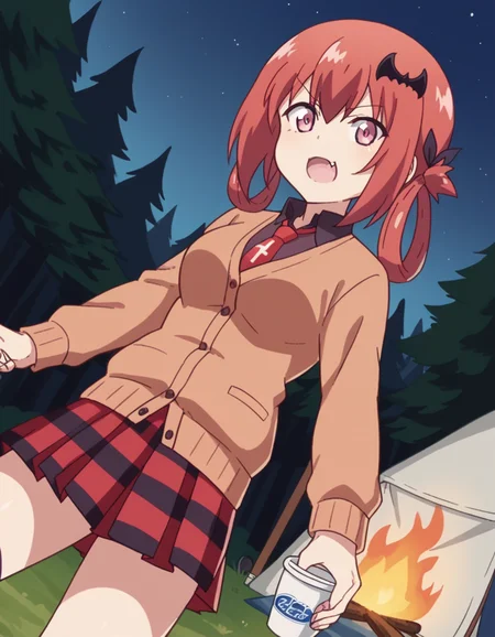 score_9, score_8_up, score_7_up, source_anime, <lora:satanichia-kurumizawa-mcdowell-s1-ponyxl-lora-nochekaiser:1>, satanichia kurumizawa mcdowell, hair ornament, red hair, hair rings, bat hair ornament, pink eyes, skin fang, large breasts,, skirt, shirt, school uniform, pleated skirt, necktie, shoes, socks, collared shirt, plaid, kneehighs, black shirt, plaid skirt, cardigan, black socks, inverted cross, brown cardigan,, camping, bonfire, tent, stargazing, marshmallows, forest clearing, night, , looking at viewer, hand holding a cup, solo,, cowboy shot, dutch angle