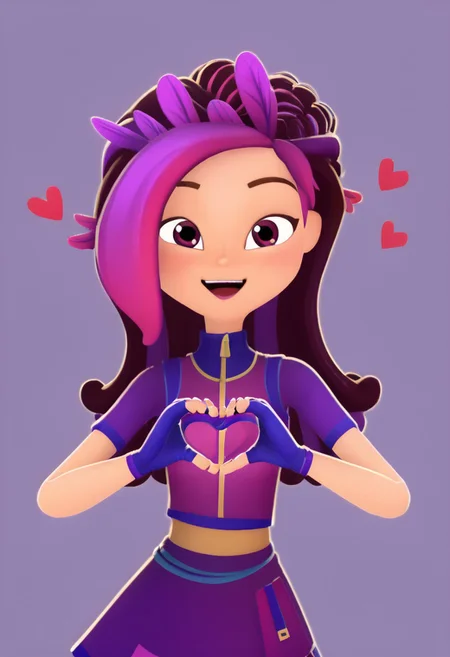 A happy look at the viewer. Heart hands.