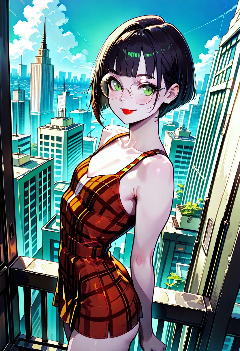 masterpiece, best quality, 32k, high resolution, absurdres, Polly, PollyRH,short hair, bobcut, black hair, bangs, green eyes, small breasts, almost flat chest, slim, pale skin, big round eyeglasses, clear eyeglasses lenses, nice round ass, red lipgloss, dynamic angle red tartan sleeveless dress, chocker, spiky wristbands, standing up, sexy look, outdoor, city, day, cowboy shot, front view, smiling, closed mouth,