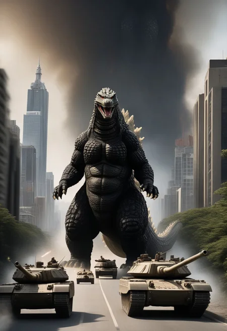 wide shot, cinematic film still, in the foreground highway road of (army tanks), ((slender Godzilla)) in the background city horizon, monster focus, solo, realistic, hyperrealism, ornate, studio photograph, godzilla kaijuu, gigantic monster, model_buildings, model_kit_(medium), city skyline, forced perspective, blurry background, building, outdoors, perfection style, perfection, perfect