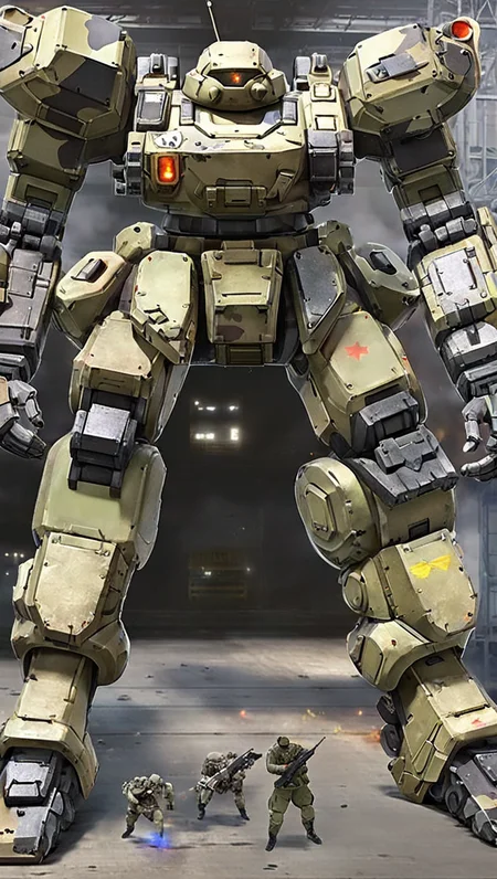 (MRS:1.2),best quality, masterpiece, ultra-detailed, mecha robot, (battlefield:2.5), (ultra-detailed mecha armor), full armor, (very large size mecha:1.5),glowing eyes, (full body:1.2), (mechanical parts:1), (robot joints:1), (military parts:1.5), (heroic parts:1), cable, (battle-ready:1.2),(powerful stance:1.3),(Detailed eye description:1.2),(huge mechanical weapon:1.2), (detailed weapon description:1.2), (holding weapon and weapon :1.5)<lora:srdxl_v2g:0.8>
