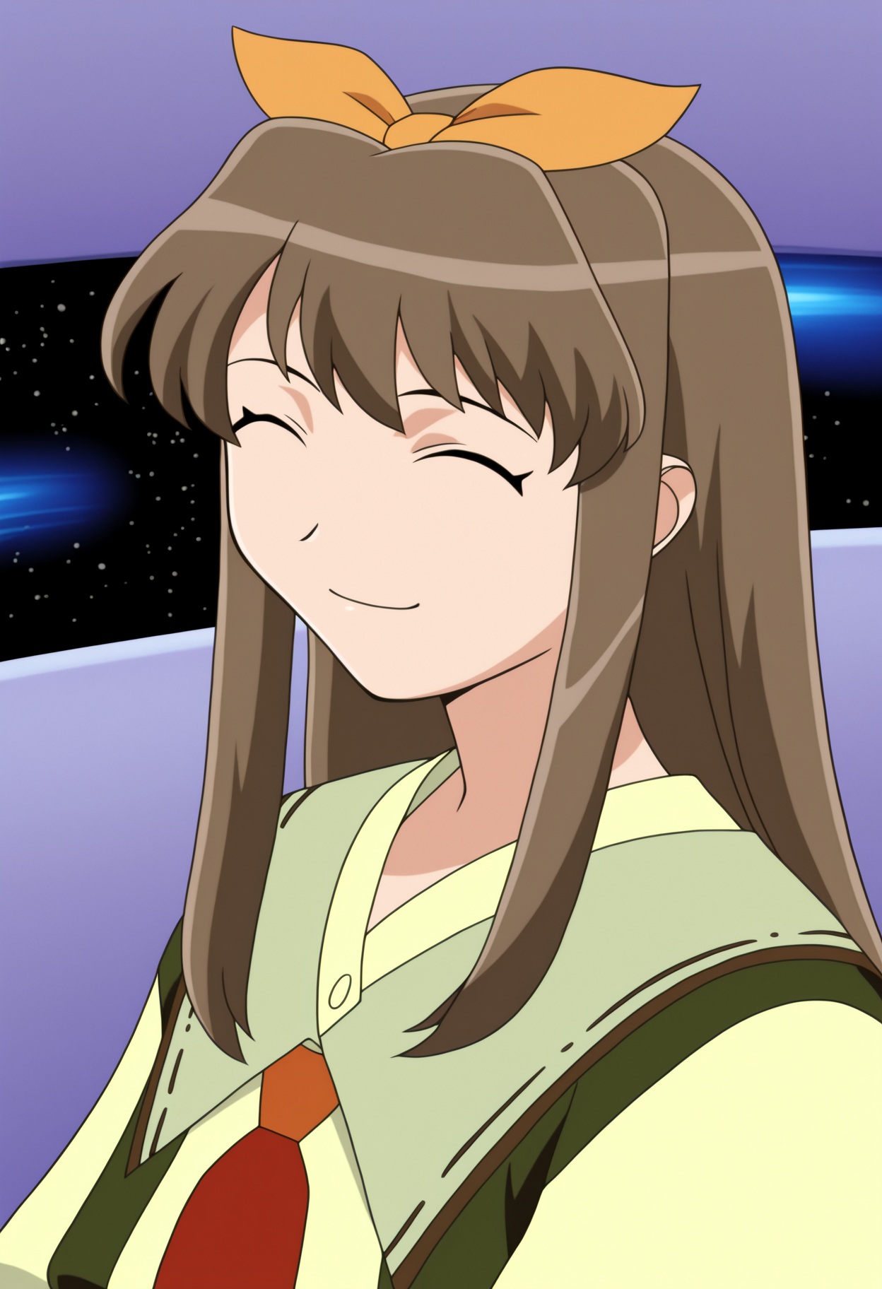 masterpiece, high quality, highres, newest, absurdres, 
1girl, ezra vieil, solo,closed eyes, ^_^,smile, ezra outfit, long hair, bangs, brown hair,closed mouth, standing, hair bow, indoors, space, portrait