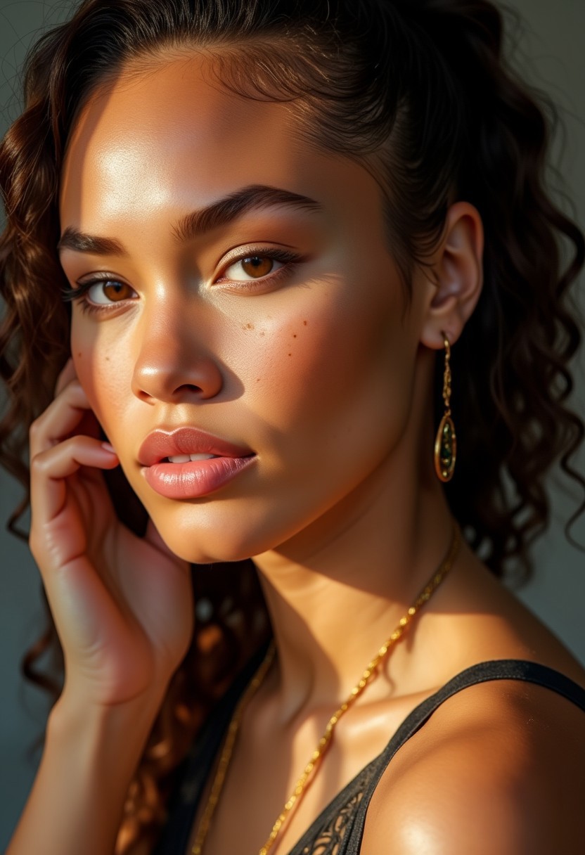 High quality realistic beauty shot of BGV2. she is a gorgeous woman and she is posing in a studio room. It's framed tightly on her face with high key lighting. She is giving an intense and confident look. She has dramatic beauty shot make up.