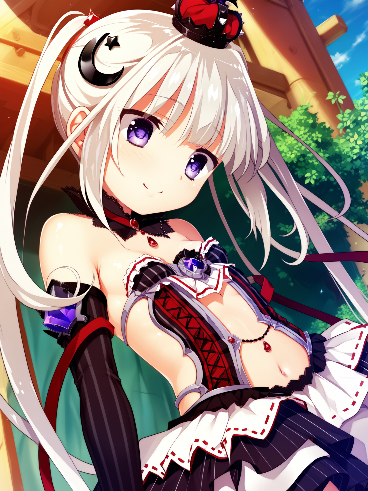 <lora:happy_tentacle-kuon-v0.2-000030:1>, ht_kuon, magician, vertical-striped dress, vertical-striped skirt, strapless, black thighhighs, detached collar, arm warmers, arm strap, navel, hair ribbon, mini crown, crescent hair ornament, jewelry , outdoors, 1girl, solo, upper body , , (crazy smile :1), , looking down , , from behind , score_9, score_8_up, score_7_up, score_6_up, score_5_up, score_4_up