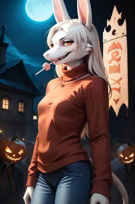 score_9, score_8_up, score_7_up,
BREAK, freyac, female, white fur, orange eyes, white hair, tail, orange tailbow, realistic, solo, 1girl, reddish brown turtleneck, sweater, jeans, small breasts, long hair, standing, smug, facing side, from side, evil grin, looking at viewer, confident, amused, cowboy shot,
BREAK, Halloween town background, dark background, blue background, black background, Halloween, spooky, glowing lights, fog, ghosts, candy, trick or treat, detailed background, crowd,
zPDXL, <lora:Freya10S 97:1>,