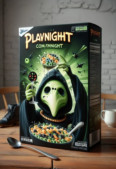 score_9, score_8_up, score_7_up, BREAK
c3r34lbox, food, plagueknight, source_anime, 1boy, solo, full body, green skin, black eyes, cloak, mask, pants, shoes