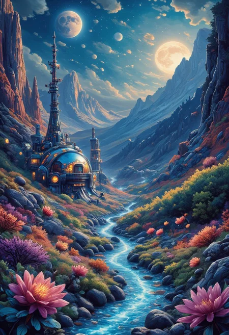 Ultra-detailed painting depicting a tranquil alien landscape bathed in the soft glow of twin moons, their light reflecting off a crystalline river that winds through fields of bioluminescent flora. The air shimmers with a faint iridescence, as though alive with unseen energy, while delicate, ethereal creatures drift gently through the sky. In the distance, a sleek, futuristic outpost with glowing domes blends seamlessly into the natural surroundings, its lights pulsating rhythmically like a heartbeat. The scene exudes a profound sense of peace, otherworldly beauty, and quiet wonder, as if the entire environment is in harmony with itself and those who inhabit it.