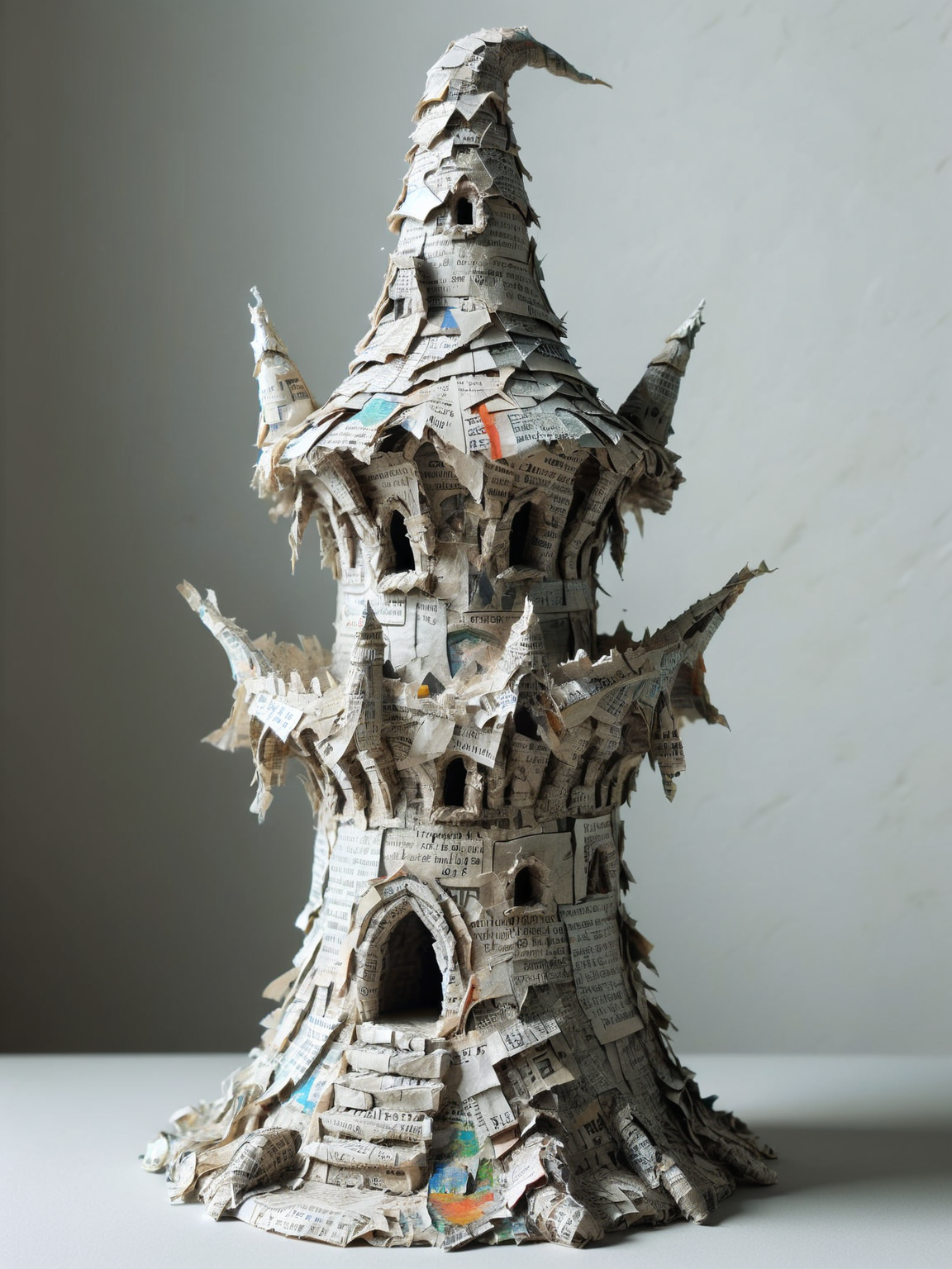 ais-papiermache wizard's tower, standing tall in a mystical world, its walls a testament to paper artistry <lora:Papier_Mache_Style_SDXL:1>