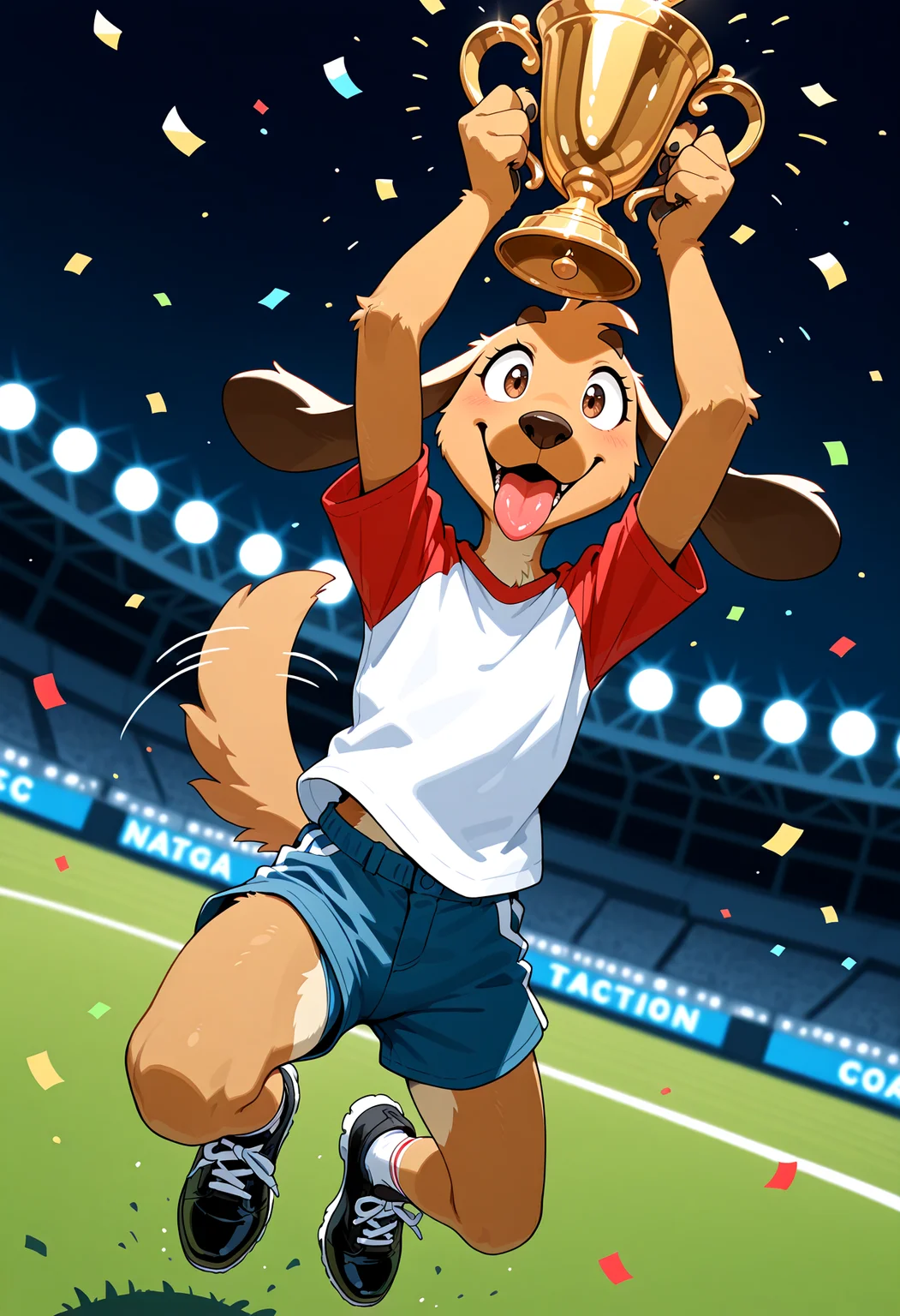 masterpiece, best quality, amazing quality, very aesthetic, absurdres, newest, solo, anthro, furry, dog, black ears, floppy ears, brown eyes, brown fur, blue shorts, white top, short red sleeves, socks, black shoes, excited, wagging tail, tongue out, jumping, arms up, holding golden trophy, confetti, soccer stadium, from above, night, stadium lights, (depth of field), ((4 digits)), <lora:Striker_-_1994_FIFA_World_Cup_Mascot_Illustrious:1.2>