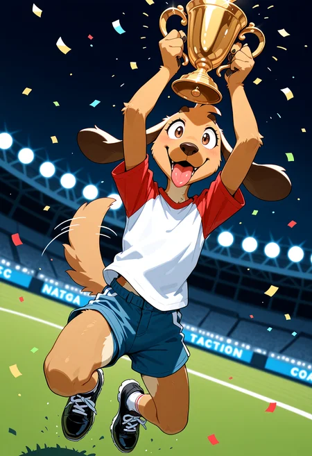 masterpiece, best quality, amazing quality, very aesthetic, absurdres, newest, solo, anthro, furry, dog, black ears, floppy ears, brown eyes, brown fur, blue shorts, white top, short red sleeves, socks, black shoes, excited, wagging tail, tongue out, jumping, arms up, holding golden trophy, confetti, soccer stadium, from above, night, stadium lights, (depth of field), ((4 digits)), <lora:Striker_-_1994_FIFA_World_Cup_Mascot_Illustrious:1.2>