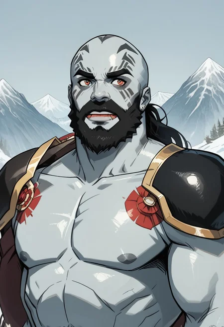 score_9, score_8_up, score_7_up, male focus BREAK, 1 boy, manly, masculine, muscular, muscular male, beard, long beard, bald, Grogwithbeard, beard, facial hair, bald, tattoos, tattoo, grey colored skin, grey skin,