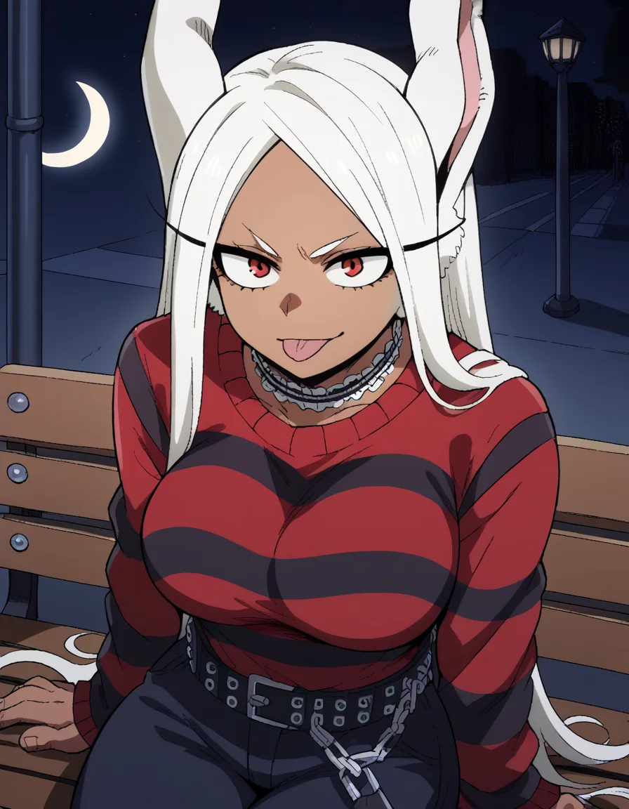 score_9, score_8_up, score_7_up, source_anime, <lora:rumi-usagiyama-ponyxl-lora-nochekaiser:1>, rumi usagiyama, long hair, animal ears, white hair, dark skin, rabbit ears, dark-skinned female, rabbit girl, red eyes, parted bangs, large breasts, <lora:emo-fashion-ponyxl-lora-nochekaiser:1>, emo fashion, torn sweater, two-tone sweater, sweater under shirt, striped sweater, lace-trimmed choker, belt chain, red sweater, black sweater, goth fashion, street, night, moon, sitting, bench, from above, tongue out, cowboy shot, looking at viewer