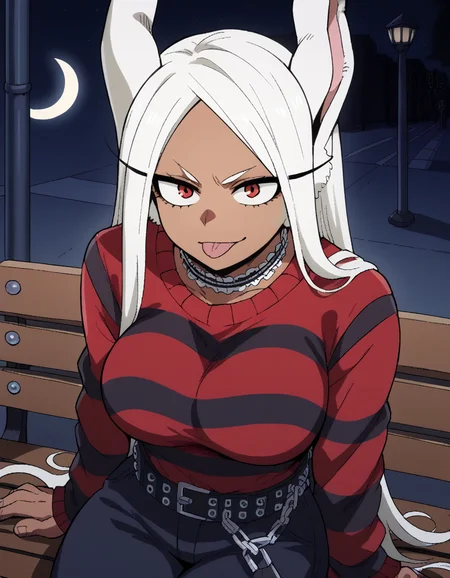 score_9, score_8_up, score_7_up, source_anime, <lora:rumi-usagiyama-ponyxl-lora-nochekaiser:1>, rumi usagiyama, long hair, animal ears, white hair, dark skin, rabbit ears, dark-skinned female, rabbit girl, red eyes, parted bangs, large breasts, <lora:emo-fashion-ponyxl-lora-nochekaiser:1>, emo fashion, torn sweater, two-tone sweater, sweater under shirt, striped sweater, lace-trimmed choker, belt chain, red sweater, black sweater, goth fashion, street, night, moon, sitting, bench, from above, tongue out, cowboy shot, looking at viewer