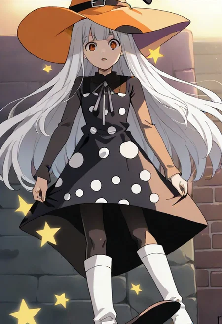 source_anime, anime, (vivid colors, bright colors:1.1),, adult, white hair,long hair,bangs,orange hat, thin hat, witch hat, black dress,black pantyhose,white boots,polka dots,polka dot dress, <lora:Eureka_Frog_v10:1>,