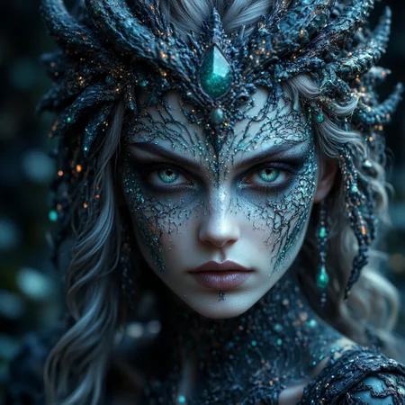 pastelgoth The image is a highly detailed, wavy hair styled in a voluminous, interwoven strands. Her eyes are heavily made up with dark, striking blue-green eyes that dominate the frame, crystal-like elements. Her piercing, wavy curls down her back., surreal, best_of, ck-rw, in the style of ck-rw,