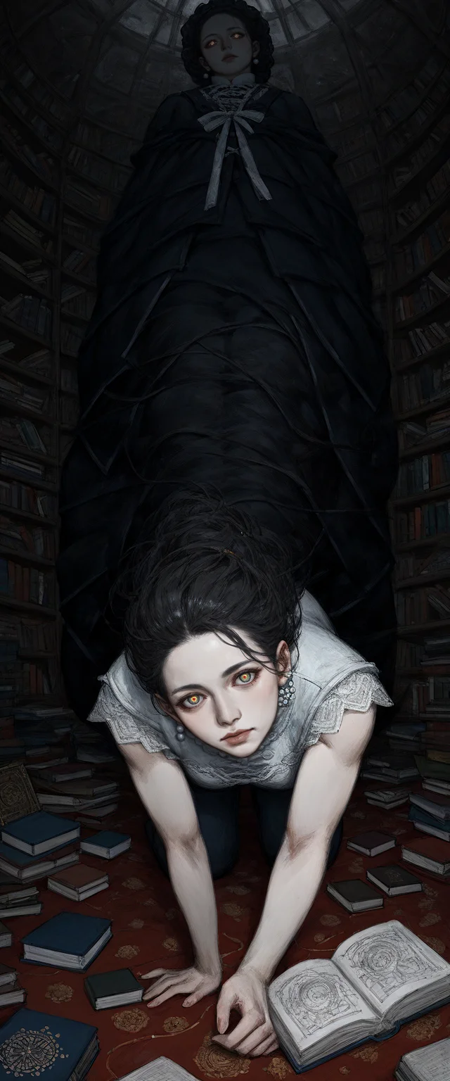 score_9, score_8_up, score_7_up, score_6_up, source_anime, tktrad, motherland_chronicles, tkstyle, dark theme, all fours, head tilt, from below, dutch angle, dynamic pose, brain adorned with chinese traditional mother-of-pearl inlay, cd interference effect pupils, moody iridescent shades film photography aesthetic, crisis ambience, cursed library, book stack, messy room, floating pages, best quality, masterpiece, amazing quality, best aesthetic, absurdres, <lora:tkstyle_pony-9-000023:1>