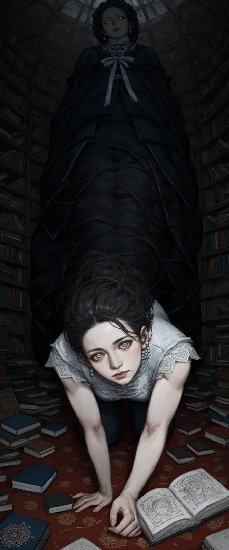 score_9, score_8_up, score_7_up, score_6_up, source_anime, tktrad, motherland_chronicles, tkstyle, dark theme, all fours, head tilt, from below, dutch angle, dynamic pose, brain adorned with chinese traditional mother-of-pearl inlay, cd interference effect pupils, moody iridescent shades film photography aesthetic, crisis ambience, cursed library, book stack, messy room, floating pages, best quality, masterpiece, amazing quality, best aesthetic, absurdres, <lora:tkstyle_pony-9-000023:1>