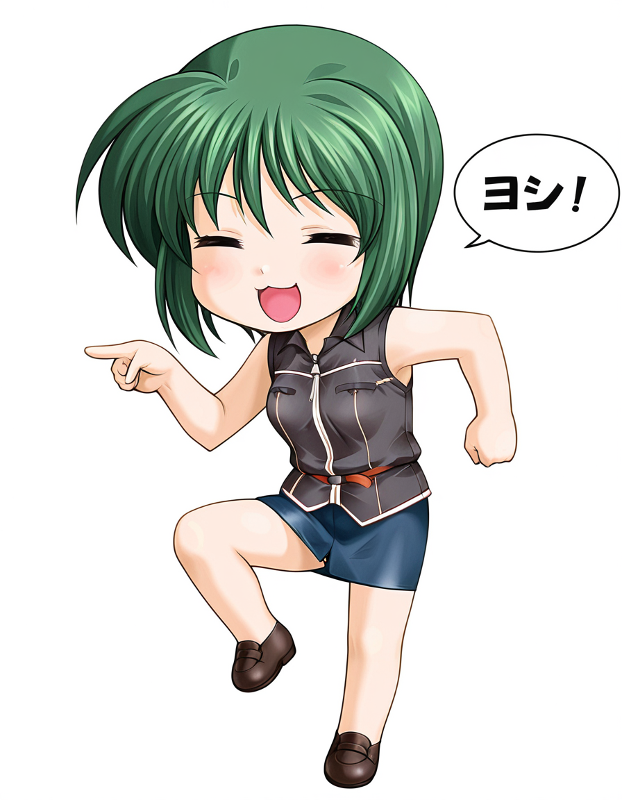 masterpiece, best quality, amazing quality, very aesthetic, absurdres, official art, ultra detailed,
1girl, solo, yasuda_mizuki, green hair, short hair, = =  BREAK
uniform, sleeveless, pencil skirt, 
smile, blush, looking at viewer, 
genba_neko,chibi,pointing,standing on one leg,:3,open mouth,meme,parody, speech bubble, simple background, white background <lora:genba_neko_like_v2:1>
<lora:yasuda mizuki v1.0-000015:1>