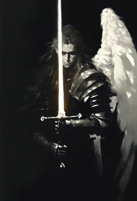painterly, artist:[caravaggio|adam de coster|yoneyama mai|cursedweeboo|daodtt|diao \(nrays\)|ravine bells],
1boy, male focus, burnished armor, long hair, feathers, white wings, cowboy shot, planted sword, holding sword, glowing sword, calm, night, dark, black theme,
newest, impasto, brushstroke, impressionism, oil painting \(medium\), newest, absurdres, masterpiece, very aesthetic