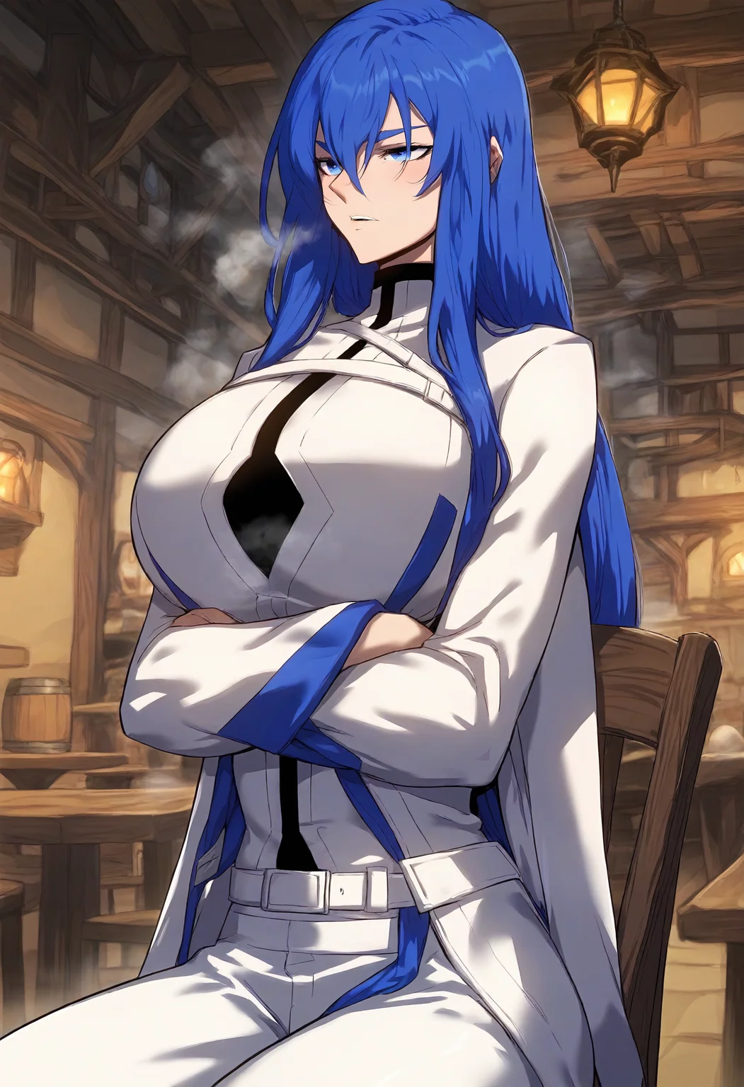 score_9, score_8_up, score_7_up, score_6_up, source_anime, rating_explicit, 1girl, solo, huge breasts, <lora:Freediya prefectPonyxl:1> blue hair, long hair, blue eyes, hair between eyes, turtleneck, white coat, white shirt, white belt, long sleeves, white pants, serious, parted lips, Narrow shoulders, heavy breathing, steaming body, tavern, indoors, looking ahead, on chair, crossed arms