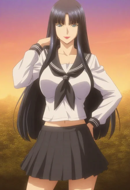 score_9, score_8_up, score_7_up, score_6_up, source_anime, 1girl, solo, female_focus, Reika_(Mashou no Kao /Two Facials of Eve/Nymphomania), sidelocks, very long hair, hime cut, lipstick, collarbone, lips, large breasts, red lips, bangs, serafuku, navel, blue eyes, black hair, makeup, school uniform, skirt, shoes, blunt bangs, right hand on hips, ((((((full_body)))))), standing, posing, (modeling), smile, seductive gaze, looking at viewer, cowboy shot, ((outdoors, sunset)), Stable_Yogis_SD1.5_Positives, (masterpiece), (best quality), ((((dynamic pose)))), (anime screencap, anime coloring), (perfect anatomy), (best illustration), (best shadow),(absurdres),((((detailed background)))), ((((very aesthetic))))