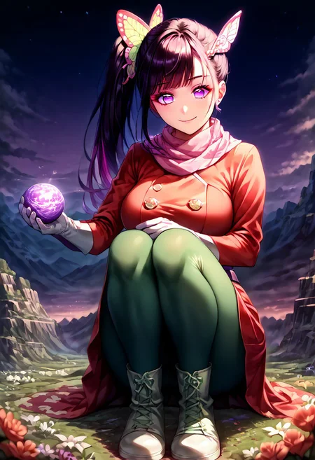 gorgeous lips, cinematic, (masterpiece), (best quality), (ultra-detailed), very aesthetic, perfect composition, intricate details, absurdres, detailed face, (anime, masterpiece, intricate:1.3), (best quality, hires textures, high detail:1.2), score_9, score_8_up, score_7_up, score_6_up, source_anime, 1girl, kanao tsuyuri, black hair, pink highlights, butterfly, butterfly hair ornament, purple eyes, very long hair, side ponytail, ponytail, eyelashes, hair ornament, scarf, dress, red dress, long sleeves, buttons, gloves, white gloves, belt, pantyhose, green pantyhose, boots, white footwear, skirt, flower patterns, alternate_costume, enormous breasts, facial expression, kind, soft eyes, head tilt, slightly smiling, closed mouth, goddess, planet size, giantess, giant, size difference, growing even bigger, sitting on the ground, ruanyi0639,hugging own legs, hugging knees, floating object, gradient eyes, beautiful detailed eyes, city, in the city, night sky, solo, holding planet, (masterpiece:1.4), (best quality:1.4), (ultra-detailed:1.2), gl0w, glow,