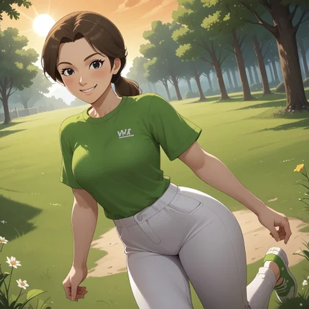 score_9, score_8, BREAK, solo, wii, mii, wii sports, 1girl, female mii, brown hair, brown eyebrows, black eyes, blush, light green clothing, white pants, shoes, breasts, nintendo mii, modern_mii, classic_mii, Masako_(Wii_Sports), cute, sexy pose, self portrait, smile, outdoors, sunlight, shadows, evening lighting, natural lighting, forest, trees, grass, orange sky, sunset