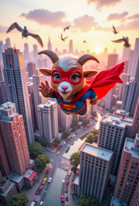 A hyper-realistic portrait, photorealistic photo close-up image of A tiny, adorable goat superhero in a bright red cape and mask, resembling a pint-sized version of Superman, flies through a candy-colored sky over a bustling city of miniature skyscrapers. The little heroâs chubby cheeks and wide, innocent eyes make him look more like a toddler dressed up for Halloween than a world-saving vigilante. As he zooms between the buildings, he waves cheerfully to the tiny citizens below, who look up and smile, waving back with tiny hands. Pigeons fly alongside him, trying to keep up with his playful flight path as he loops and twirls in the air. The city below is filled with pastel-colored buildings, tiny cars, and even smaller people, all going about their day in this whimsical world. The sun is setting, casting a soft pink and orange glow over the scene, making everything look even more magical. The tiny superhero pauses in mid-air to strike a heroic pose, his cape billowing dramatically in the breeze, before darting off to find his next adventure. (photography, high-resolution, dynamic, energetic,hyper-realistic, dramatic lighting, shallow depth of field.), detailmaximizer, MythP0rt<lora:midjourney_whisper_flux_lora_v01:0.55><lora:aidmaMJ6.1-FLUX-V0.1:0.4><lora:FluxMythP0rtr4itStyle:0.4><lora:detailed_flux_ntc:2.2><lora:aidmaImageUpgrader-FLUX-V0.1:0.65>