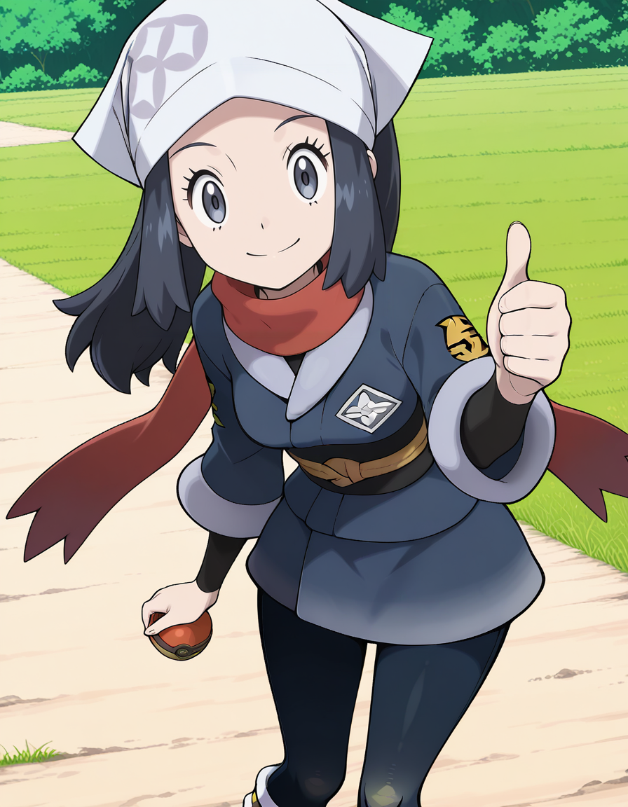 Akari (POKEMON LEGENDS),black hair,black eyes,galaxy expedition team survey corps uniform,head scarf,red scarf,black pantyhose,(both hands thumbs up:1.2), (((closed mouth))),day, ((grass)),outdoors,(blush:-1),(holding poke ball:1.2),
(solo:2),(pov:2.5),
looking at viewer,
medium breasts,
perky breasts,explicit,best quality,very aesthetic,absurdres,16k,intricate detail,amazing quality,(bold:3.12),thick outline,black outline,harsh lines,soft lines,deluster,boldline,curvy,slim,
smile,
(anime screencap),(anime coloring:1.2),anime screenshot, animated painting, animated gif,2d cel anime,anime cap,anime,anime style,anime cel,Cel shading,cel shaded,soft brightness,perfect face,perfect nose, perfect hair, perfect eyes,perfect female body,perfect skin,a face of perfect proportion,perfect lighting,perfect anatomy,perfect proportion,perfect hands,perfect legs,perfect fingers,masterpiece,super fine illustration,detailed linework,vibrant colors,kawaii,flat color,
 <lora:ãã±ããã¢ã³ã¹ã¿ã¼ã·ã§ã¦illustriousPokemonAkariillustrious-000017:1:0.8>