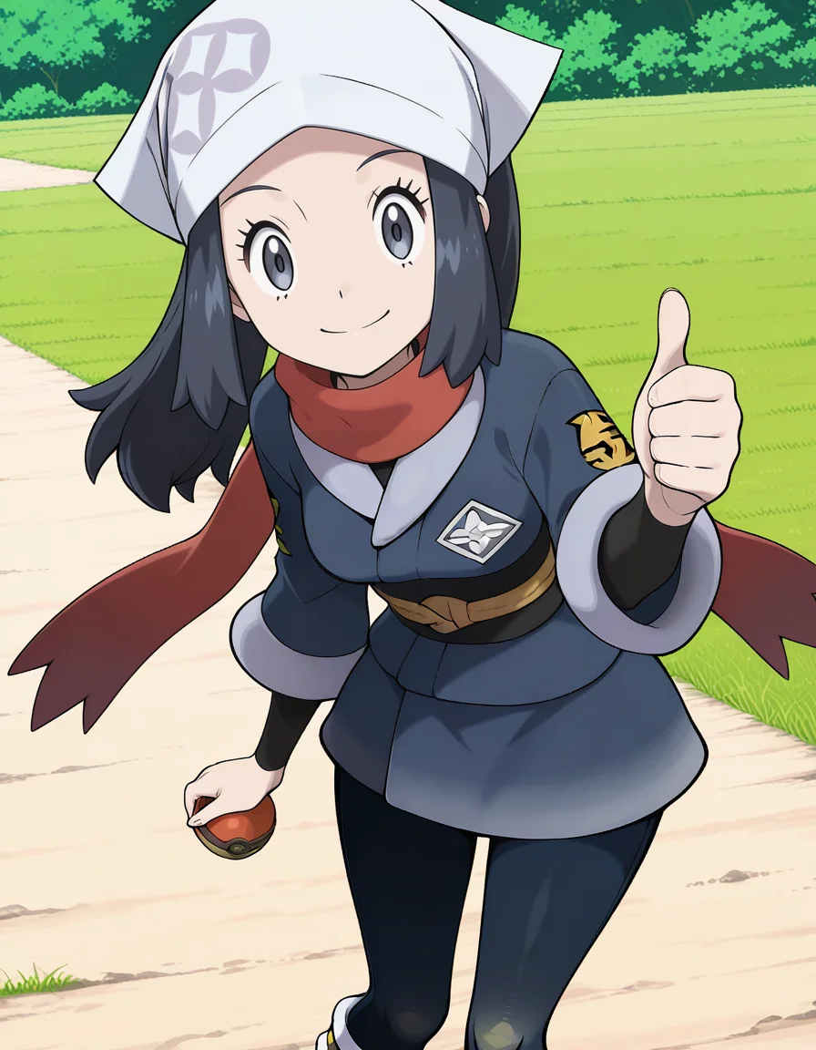 Akari (POKEMON LEGENDS),black hair,black eyes,galaxy expedition team survey corps uniform,head scarf,red scarf,black pantyhose,(both hands thumbs up:1.2), (((closed mouth))),day, ((grass)),outdoors,(blush:-1),(holding poke ball:1.2),
(solo:2),(pov:2.5),
looking at viewer,
medium breasts,
perky breasts,explicit,best quality,very aesthetic,absurdres,16k,intricate detail,amazing quality,(bold:3.12),thick outline,black outline,harsh lines,soft lines,deluster,boldline,curvy,slim,
smile,
(anime screencap),(anime coloring:1.2),anime screenshot, animated painting, animated gif,2d cel anime,anime cap,anime,anime style,anime cel,Cel shading,cel shaded,soft brightness,perfect face,perfect nose, perfect hair, perfect eyes,perfect female body,perfect skin,a face of perfect proportion,perfect lighting,perfect anatomy,perfect proportion,perfect hands,perfect legs,perfect fingers,masterpiece,super fine illustration,detailed linework,vibrant colors,kawaii,flat color,
<lora:ãã±ããã¢ã³ã¹ã¿ã¼ã·ã§ã¦illustriousPokemonAkariillustrious-000017:1:0.8>