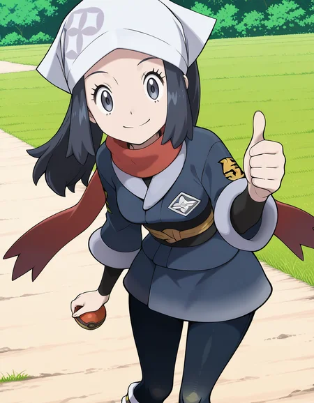 Akari (POKEMON LEGENDS),black hair,black eyes,galaxy expedition team survey corps uniform,head scarf,red scarf,black pantyhose,(both hands thumbs up:1.2), (((closed mouth))),day, ((grass)),outdoors,(blush:-1),(holding poke ball:1.2),
(solo:2),(pov:2.5),
looking at viewer,
medium breasts,
perky breasts,explicit,best quality,very aesthetic,absurdres,16k,intricate detail,amazing quality,(bold:3.12),thick outline,black outline,harsh lines,soft lines,deluster,boldline,curvy,slim,
smile,
(anime screencap),(anime coloring:1.2),anime screenshot, animated painting, animated gif,2d cel anime,anime cap,anime,anime style,anime cel,Cel shading,cel shaded,soft brightness,perfect face,perfect nose, perfect hair, perfect eyes,perfect female body,perfect skin,a face of perfect proportion,perfect lighting,perfect anatomy,perfect proportion,perfect hands,perfect legs,perfect fingers,masterpiece,super fine illustration,detailed linework,vibrant colors,kawaii,flat color,
<lora:ãã±ããã¢ã³ã¹ã¿ã¼ã·ã§ã¦illustriousPokemonAkariillustrious-000017:1:0.8>
