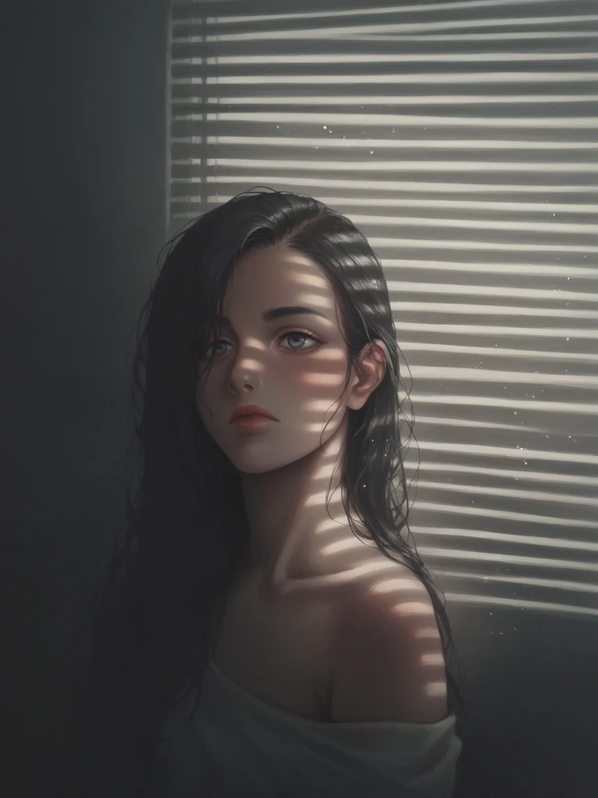 score_9, score_8_up, score_7_up, score_6_up, score_5_up, score_4_up, <lora:V3n3t14nXLP2:1> v3n3t14n, venetian blinds lighting, low light, dark room, lined lighting, long hair, 1girl, light particles, <lora:J0yc3L33XLP:0.7> j0yc3l33, closed mouth,