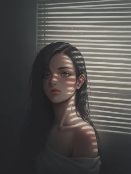 score_9, score_8_up, score_7_up, score_6_up, score_5_up, score_4_up, <lora:V3n3t14nXLP2:1> v3n3t14n, venetian blinds lighting, low light, dark room, lined lighting, long hair, 1girl, light particles, <lora:J0yc3L33XLP:0.7> j0yc3l33, closed mouth,