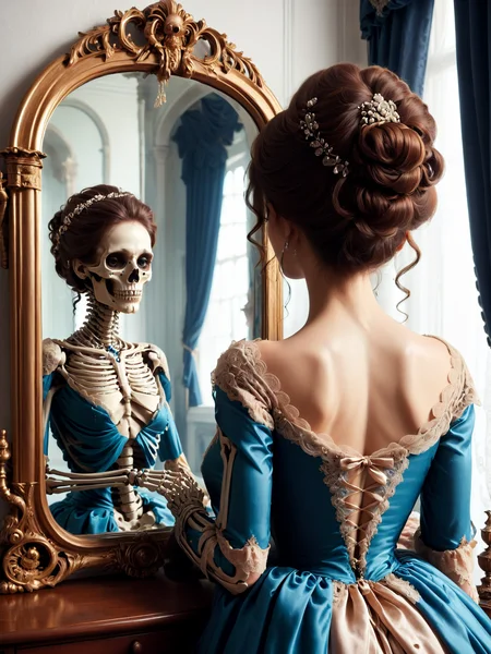 [woman mirror reflection : [woman | undead] reflection, intricate skeletal body :20]
BREAK
beautiful woman, from behind, looking into a mirror  <lora:GeorgianStyle:1> GeorgianStyle