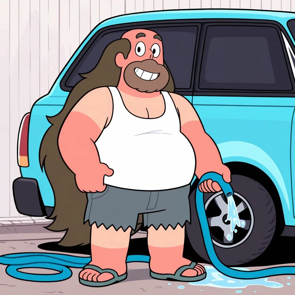 GregUIL, 1boy, male focus, fat, beard, black eyes, long hair, brown hair, looking at viewer, car wash background, smile, white tank top, ripped denim shorts, sandals, holding hose
