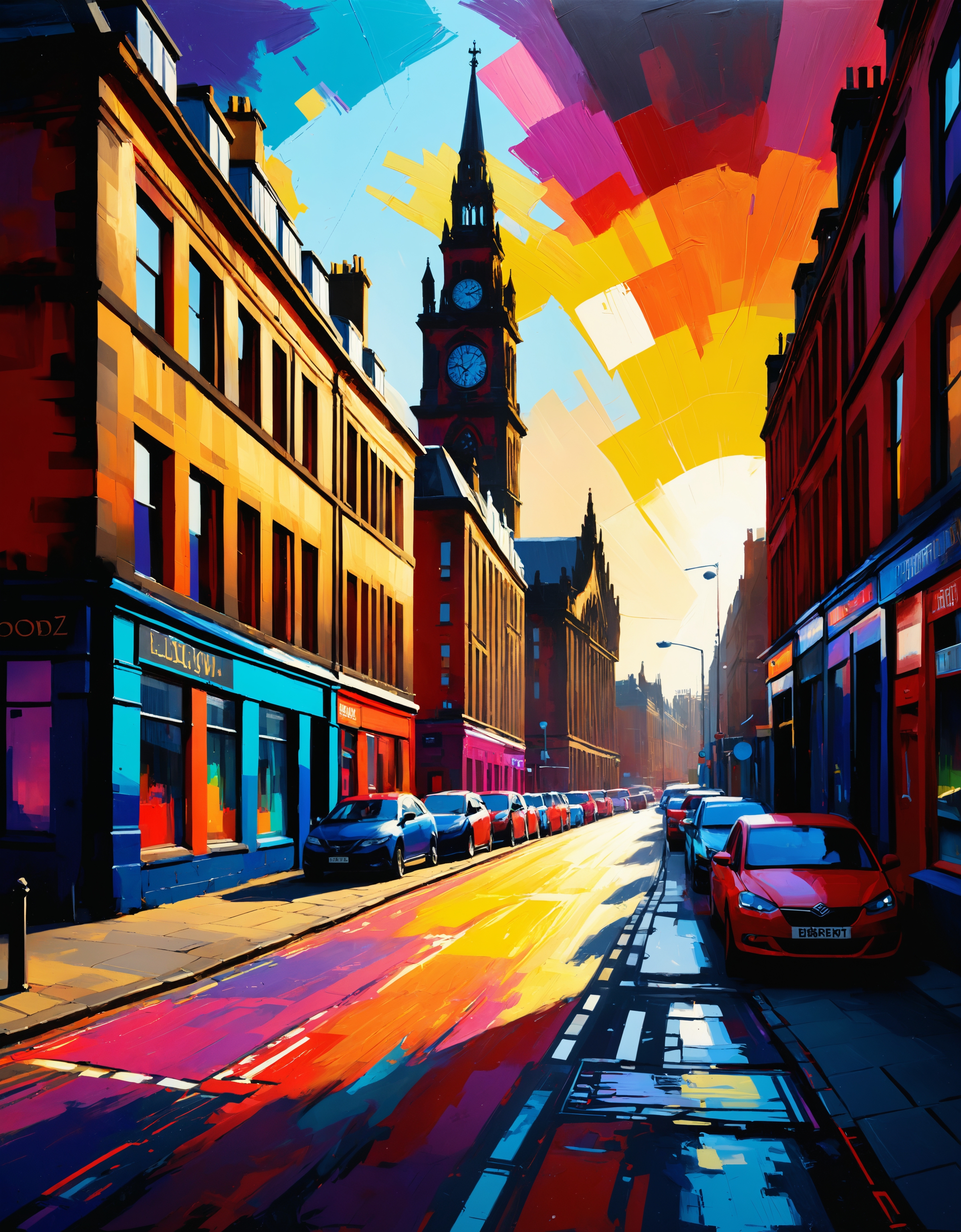 zavy-rghpnt, landscape of a Glasgow, Relaxed, F/8, triadic colors, extremely stylish, pure, rich vivid colors, cinematic light, elegant, sunny, vivid colors, highly contrasted, highly enhanced, luxurious