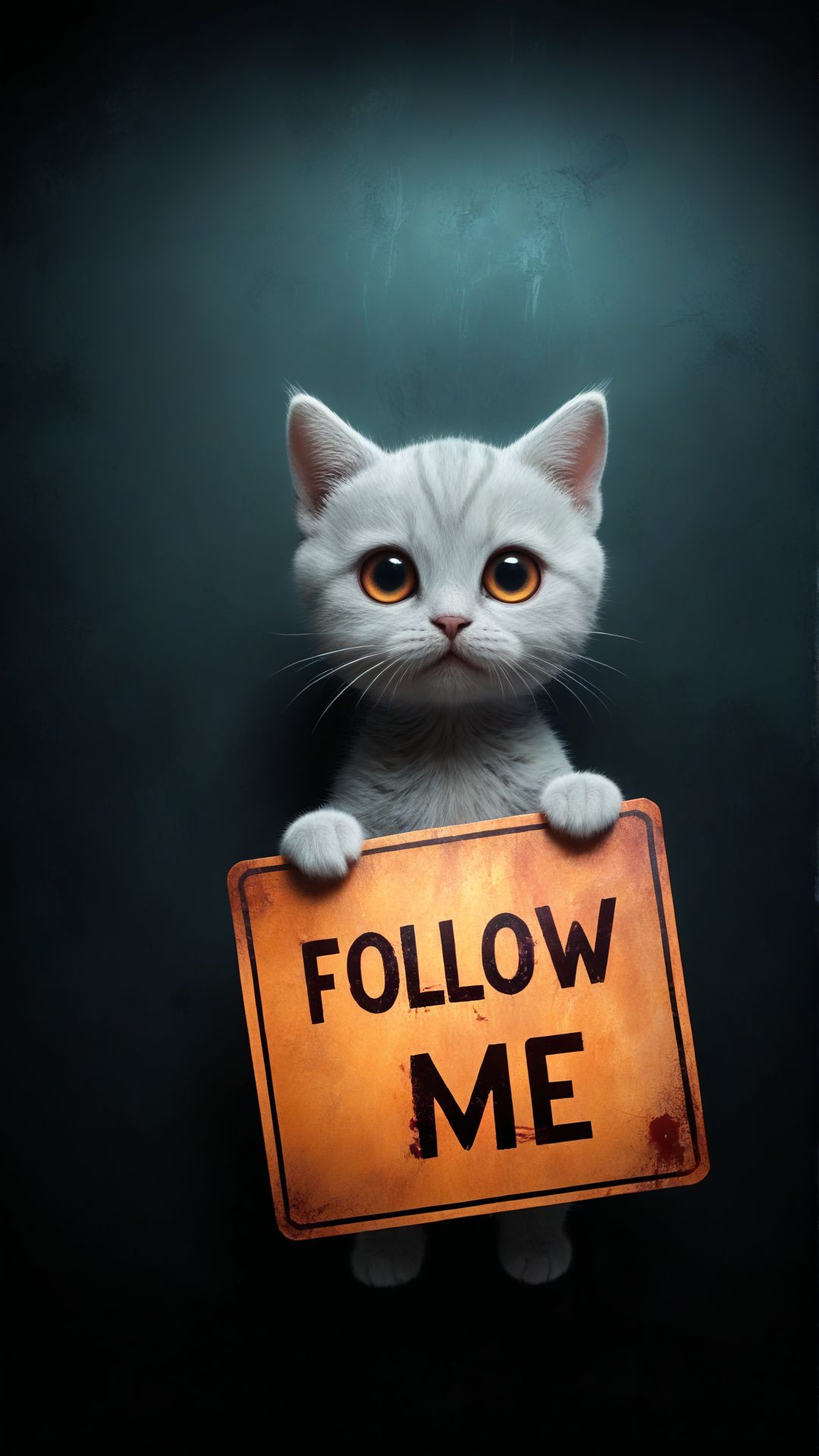 Cute Baby cat with huge eyes, sad eyes, holding a Flat lay mockup of [a futuristic metal sign] (with text " [Follow me]:1.3)" ,background with [strange geometric shapes and colors, glowing], flatlay photography style, minimalistic design, professional studio lighting, overhead shot from above, hyper-realistic (Horror, blood, dark:1.5),( Movie Artwork, Cinematic:1.3)
(<lora:text2:1.3>:) (text:"Follow me":1.3)
award winning artwork,
many details, extreme detailed, full of details,
Wide range of colors., Dramatic,Dynamic,Cinematic,Sharp details
Insane quality. Insane resolution. Insane details. Masterpiece. 32k resolution.
<lora:add-detail-xl:0.85>  <lora:sss:0.4>sss, translucent, subsurface scattering
<lora:MJ52:0.35>
<lora:ral-pxlprtcl:0.15> ral-pxlprtcl
<lora:xl_more_art-full_v1:0.75>
<lora:zavy-cntrst-sdxl:0.3> dark, chiaroscuro, low-key