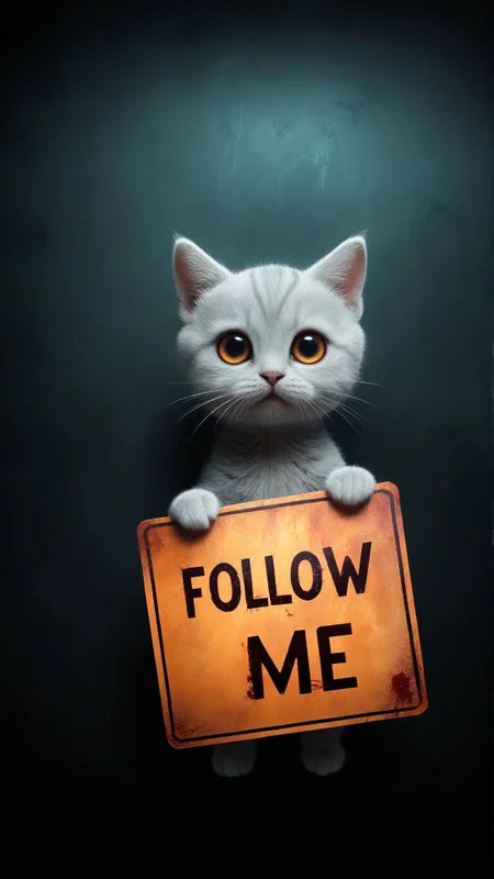 Cute Baby cat with huge eyes, sad eyes, holding a Flat lay mockup of [a futuristic metal sign] (with text " [Follow me]:1.3)" ,background with [strange geometric shapes and colors, glowing], flatlay photography style, minimalistic design, professional studio lighting, overhead shot from above, hyper-realistic (Horror, blood, dark:1.5),( Movie Artwork, Cinematic:1.3)
(<lora:text2:1.3>:) (text:"Follow me":1.3)
award winning artwork,
many details, extreme detailed, full of details,
Wide range of colors., Dramatic,Dynamic,Cinematic,Sharp details
Insane quality. Insane resolution. Insane details. Masterpiece. 32k resolution.
<lora:add-detail-xl:0.85>  <lora:sss:0.4>sss, translucent, subsurface scattering
<lora:MJ52:0.35>
<lora:ral-pxlprtcl:0.15> ral-pxlprtcl
<lora:xl_more_art-full_v1:0.75>
<lora:zavy-cntrst-sdxl:0.3> dark, chiaroscuro, low-key