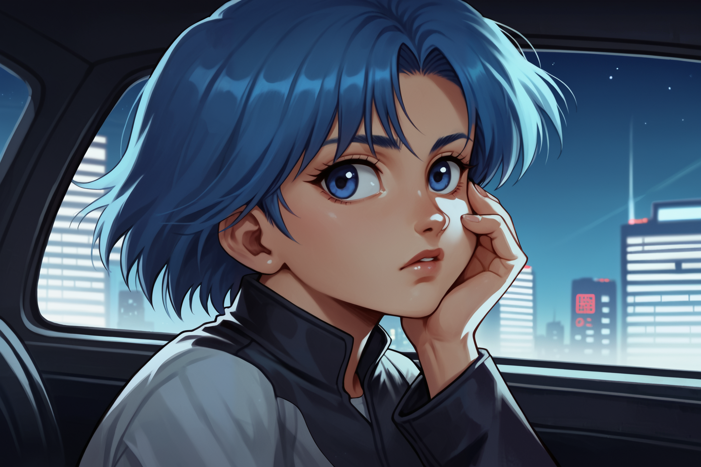 score_9, score_8_up, score_7_up, score_6_up,  retro style,  (portrait:0.6),  night, dark sky, black sky,   1girl, solo, medium breasts, tiny, dark blue eyes, tsurime,  short hair, blue hair, straight hair,  hand on own cheek, looking away, thoughtful,  futuristic car, through car window, car window, reflection on car window, skyscraper, many skyscrapers, futuristic detailed dark city, futuristic city, in the sky,  <lora:Pony_DetailV2.0.safetensors:2:2> <lora:Styles\gz.safetensors:0.6:0.6>