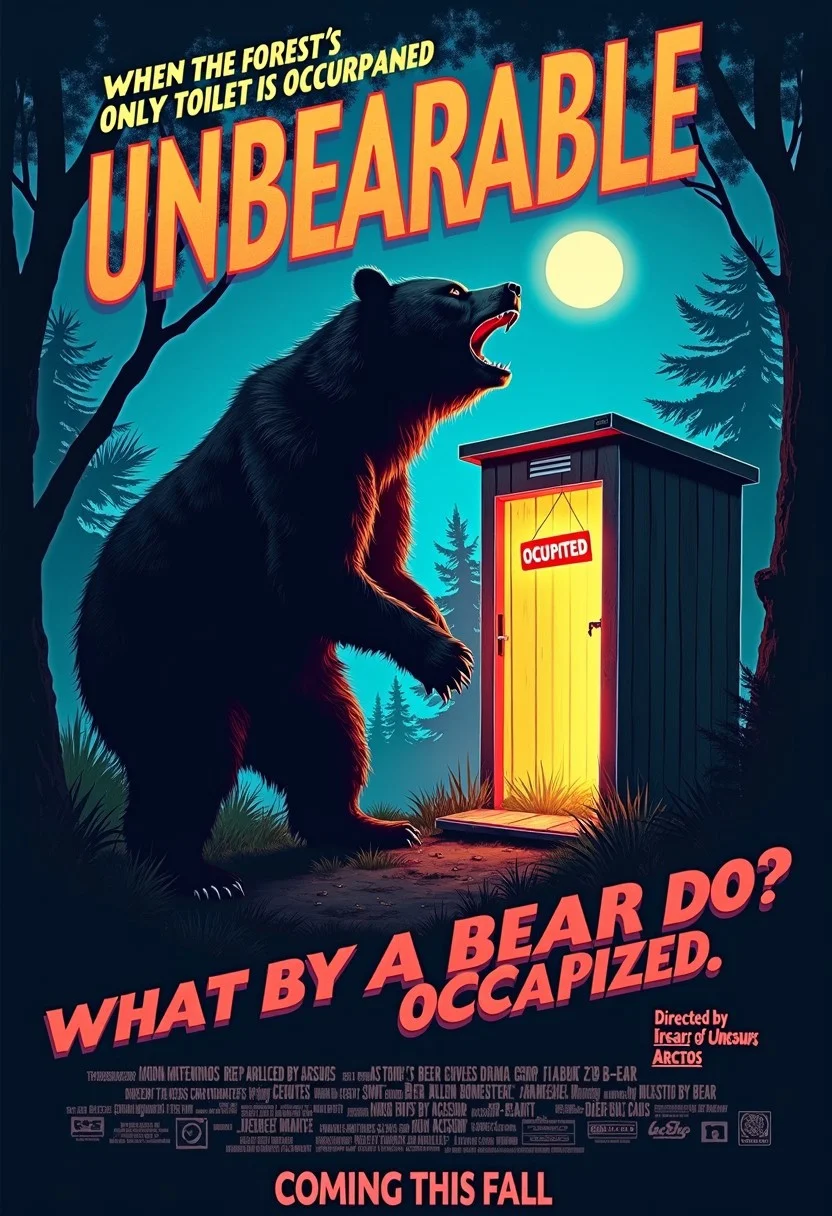A retro 80s horror movie poster titled "Unbearable". A distressed grizzly bear roaring at the sky, silhouetted by trees and a glowing moon. Inside the figure’s outline, an outhouse with a sign "OCCUPIED" with vibrant gold/blue lighting. The tagline "When the forest's only toilet is occupied, what does a bear do?" is displayed near the top in bold, stylized text. At the bottom, classic 80s-style film credits appear, listing "Directed by Bear" and other names such as "Starring: Bear, Ursus, Arctos. Produced by Bear BearBear. Music by B-Ear." "Coming This Fall" is written in smaller text at the bottom.