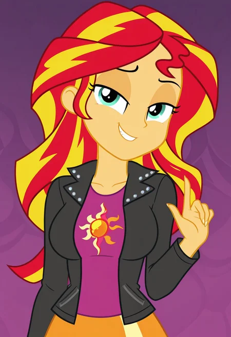 masterpiece, best quality, amazing quality, 1girl, solo, official style, parody, equestria girls, sunset shimmer, colored skin, yellow skin, long hair, yellow hair, red hair, multicolored hair, aqua eyes, eq outfit, black jacket, purple top, eq skirt, sexy, large breasts, beautiful, detailed, high detailed, very beautiful, detailed face, detailed eyes, detailed hand, fingernails, long nails, abstract background, smile, smirk, looking at viewer, face focus